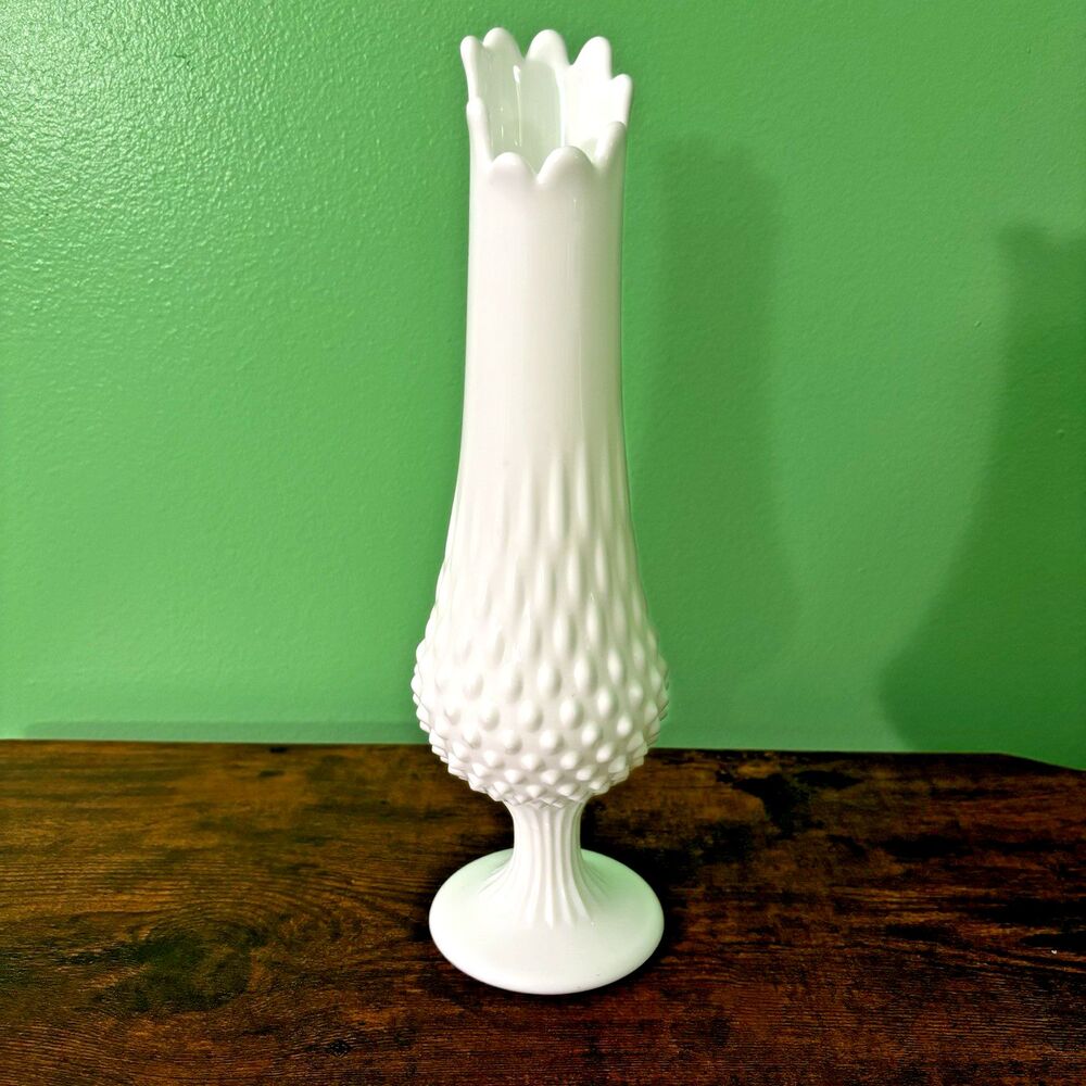 Fenton Hobnail White Milk Glass Pedestal Swung Vase MCM 12 inches 9 Fingers VTG